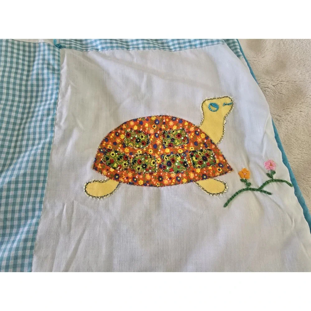 Vintage Handmade Baby Quilt ABC Animal Applique Gingham Nursery Crib Lap Blanket